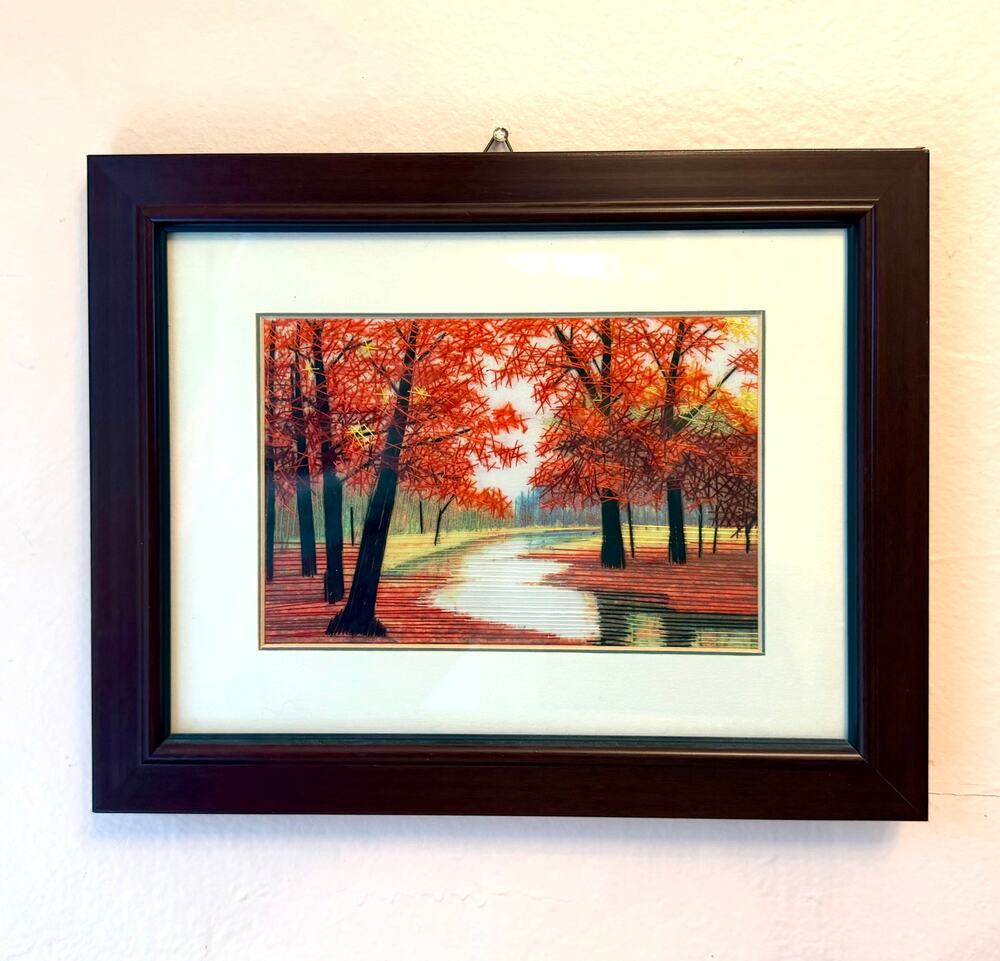 Vintage Hand Embroidered Silk Thread Painting Autumn Landscape Framed Textile